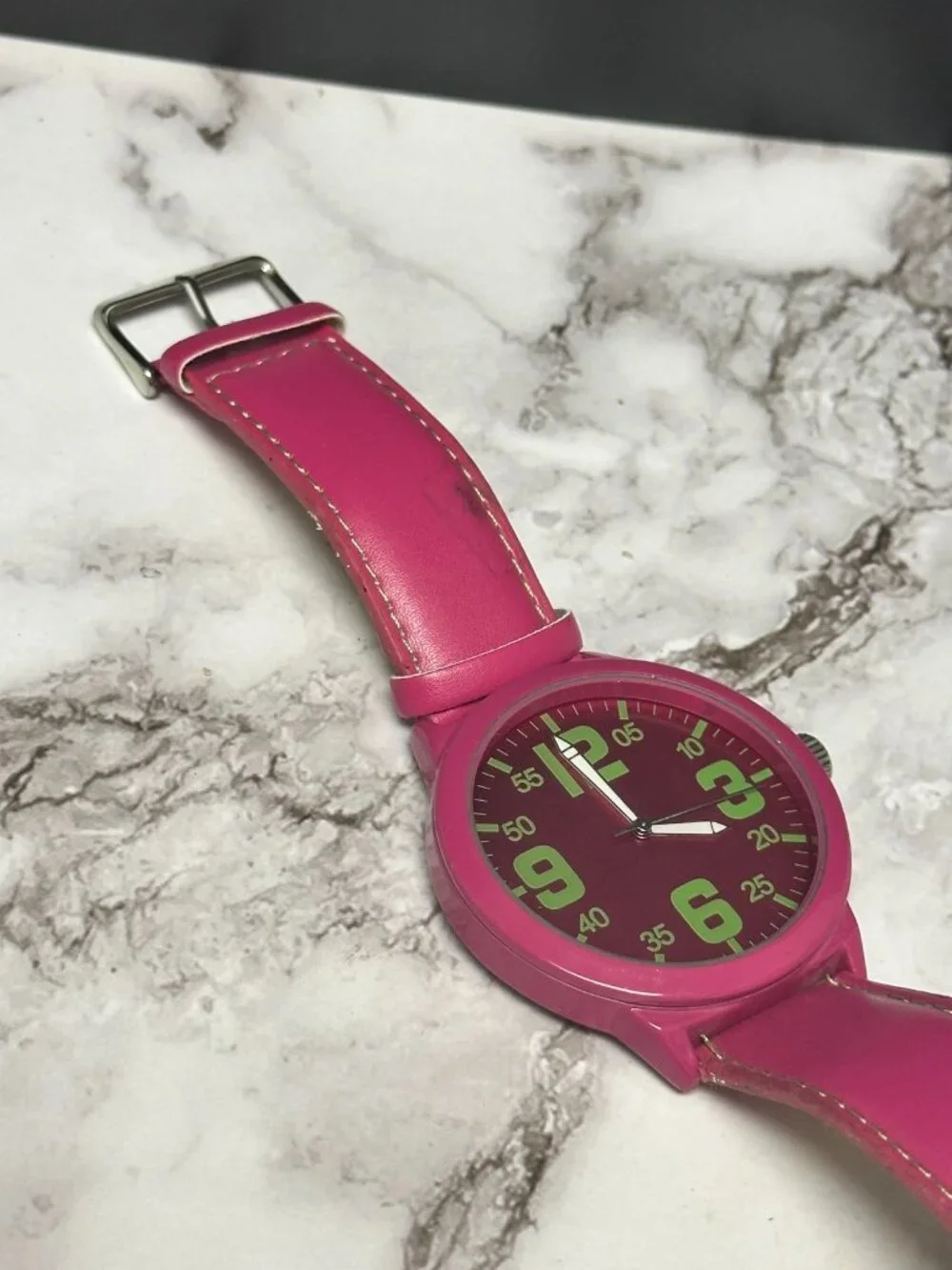 3/$30 Pink Watch Women Green Numbers Faux Leather Band Large Dial 9.5